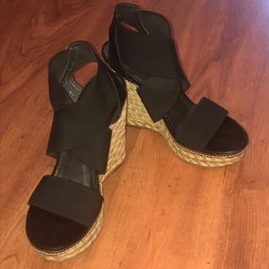 Stuart Weitzman, Black Wedge Sandals, Size 8